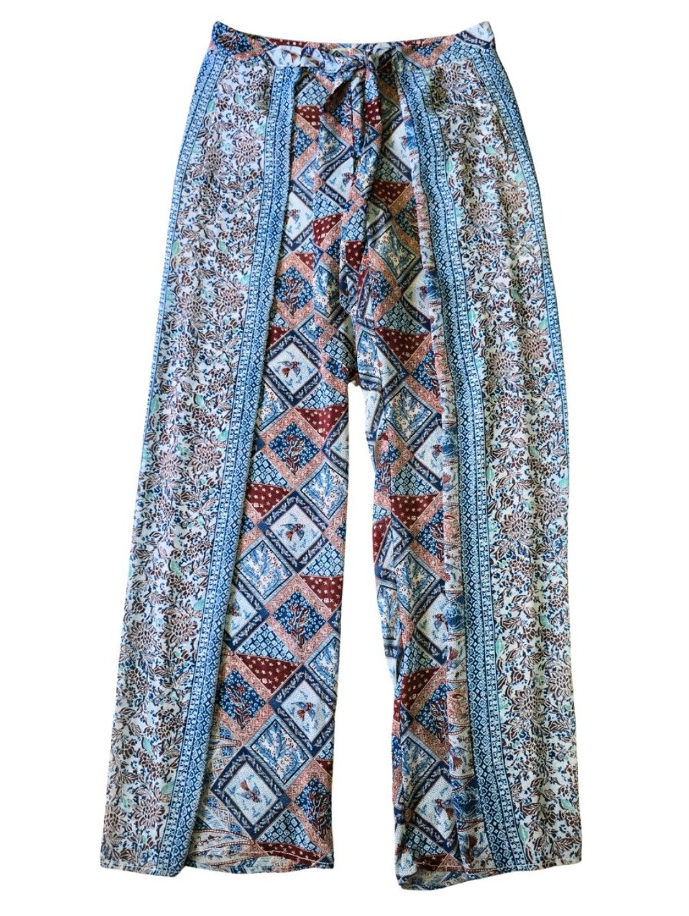 Anthropologie Elevenses Seaflower Wide Leg Pants Blue Motif Belted Size 2 Boho - Picture 4 of 9